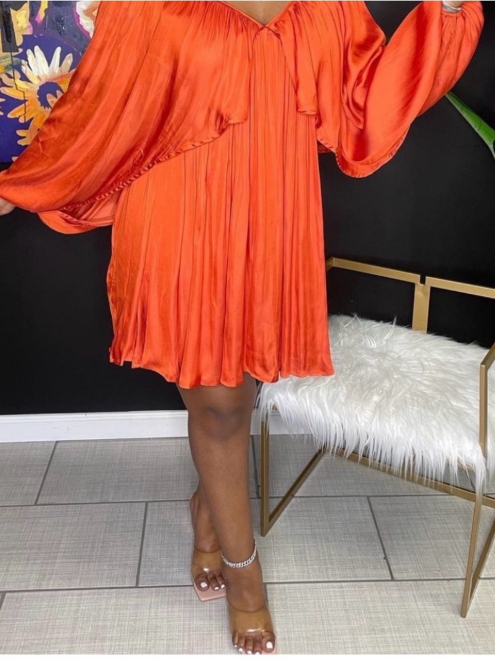Women's Orange Satin Pleated Mini Dress